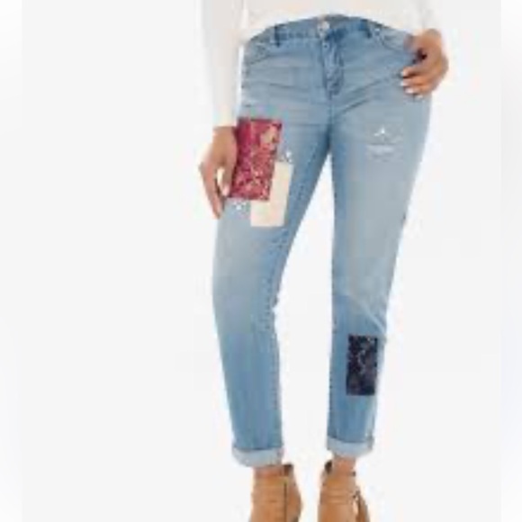 Chicos So Slimming Patchwork Girlfriend Ankle Jeans Size L - Picture 1 of 4